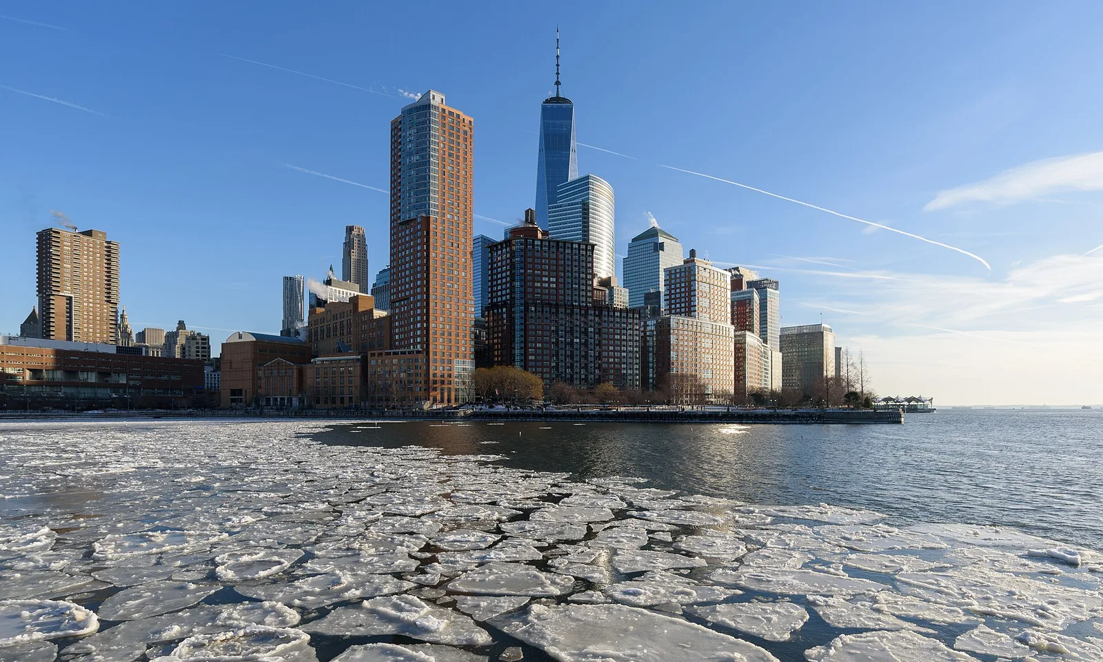 Lower Manhattan skyline across the frozen Hudson River, New York