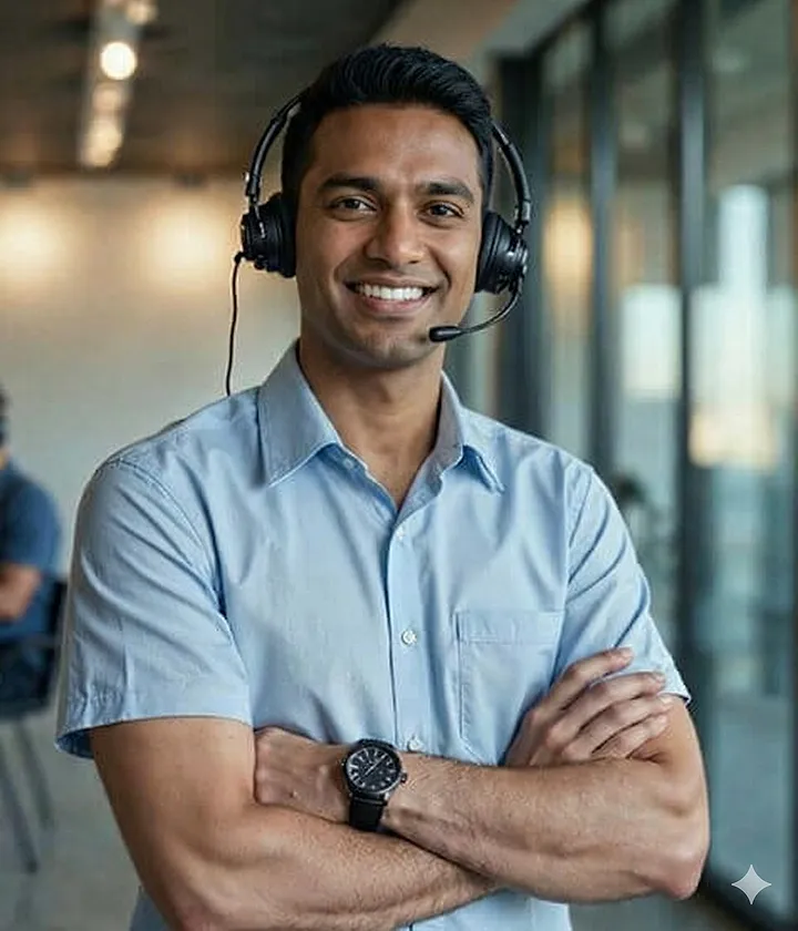 A Veenus Mind Media support specialist with a headset, ready to help